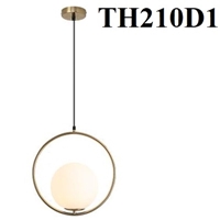 Đèn thả 210D1, thân vàng, E27 x 1, kiểu D khung tròn quả dưới, bóng cầu thủy tinh đục, KTmm): 200. Vòng tròn D300mm.